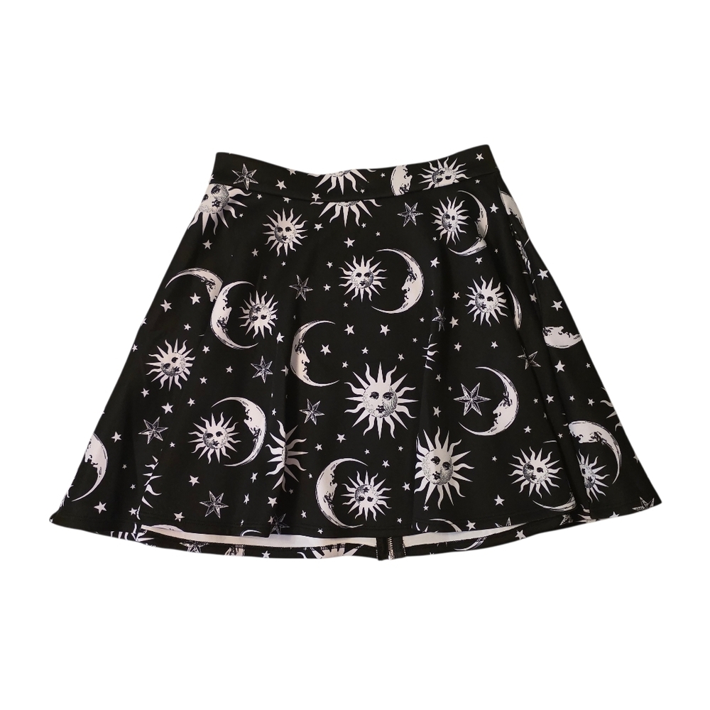 Hot Topic Black Skater Skirt with White Moon & Sun Print